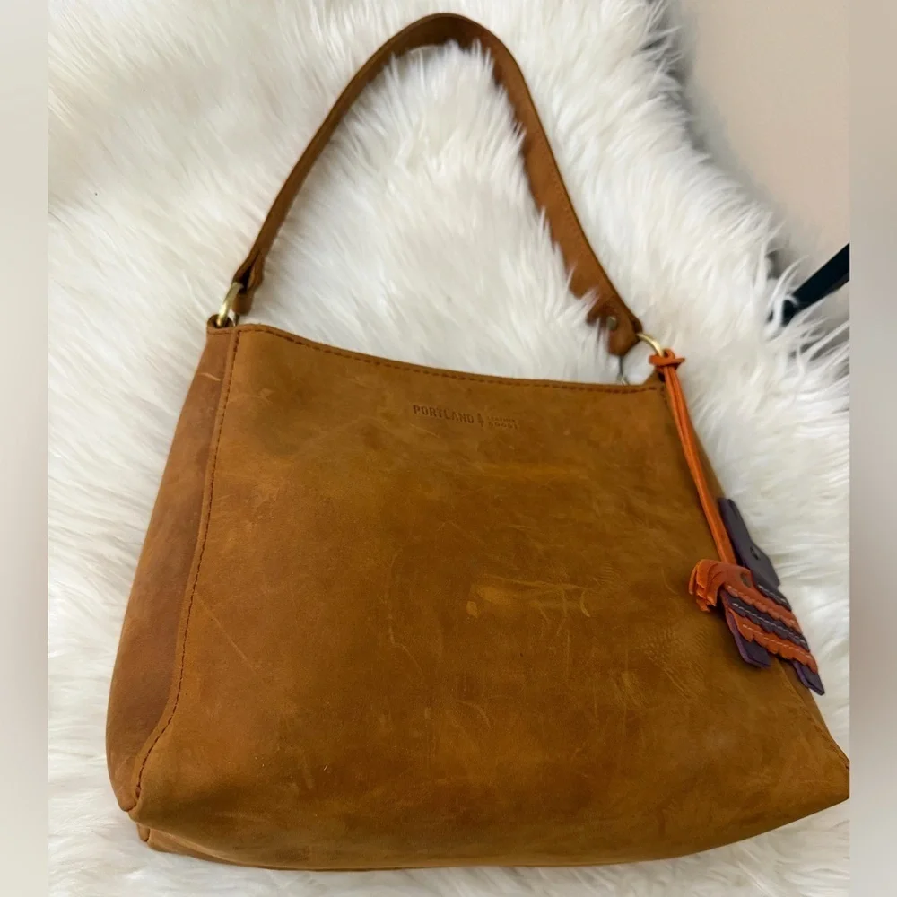 Portland Leather Tan Triangle Shoulder Bag with Charm